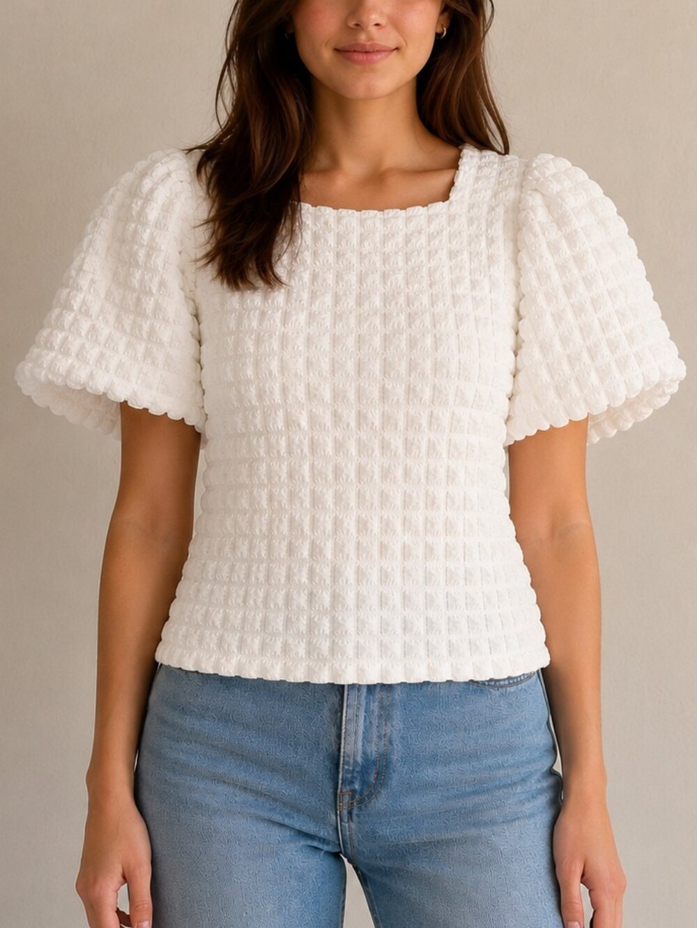 Muse Republic Clothing White Textured Puff Sleeve Smocked Blouse ✨ Size S